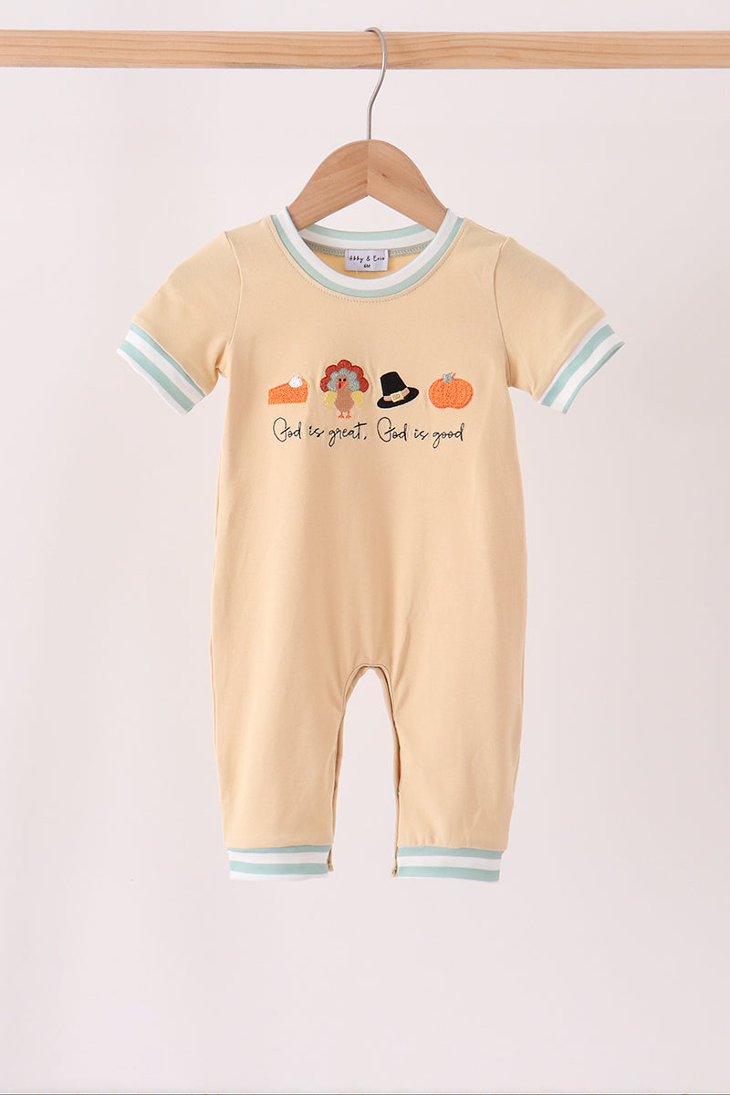 God is Good Tan and Striped Embroidery Boy Romper Honeydew