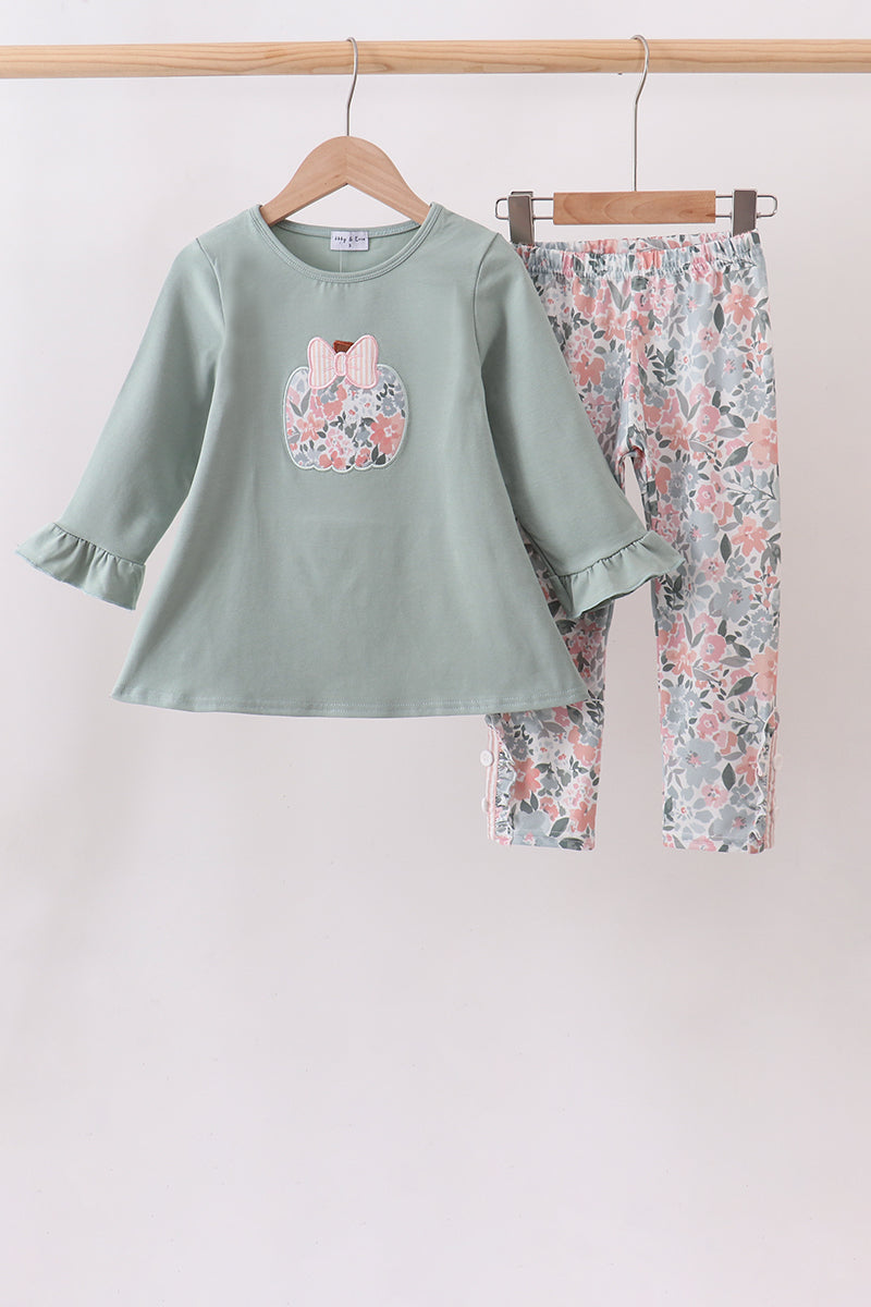 Sage Floral Pumpkin Applique Pants Set Honeydew