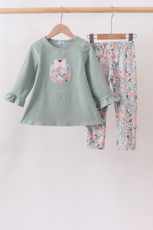 Sage Floral Pumpkin Applique Pants Set Honeydew