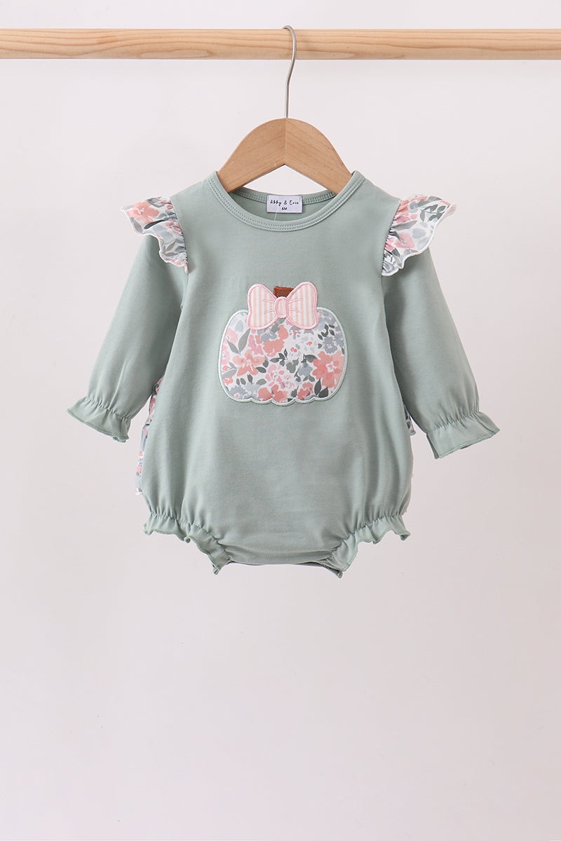 Sage Floral Pumpkin Applique Ruffle Romper Honeydew