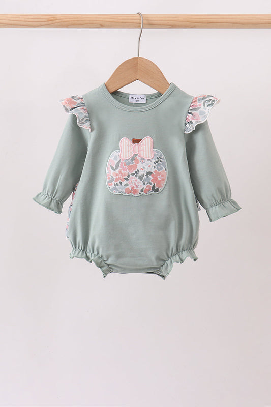Sage Floral Pumpkin Applique Ruffle Romper Honeydew