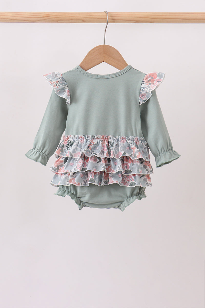 Sage Floral Pumpkin Applique Ruffle Romper Honeydew
