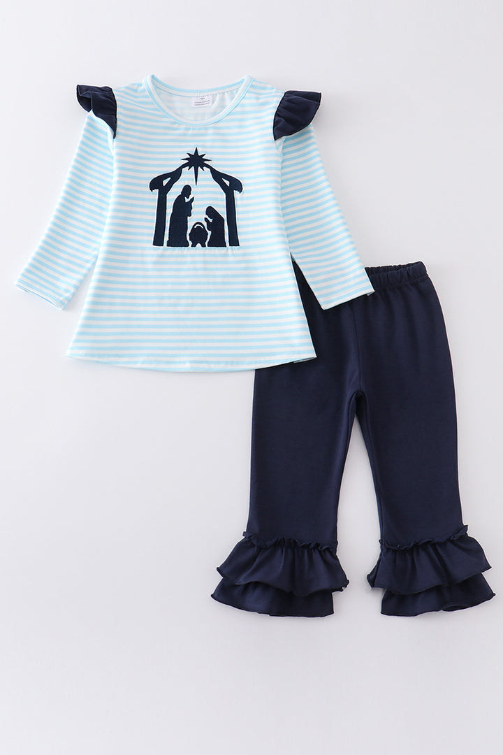 Blue Stripe Nativity Embroidery Girl Ruffle Set Honeydew