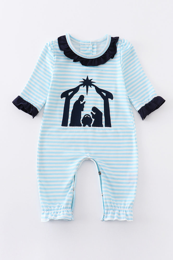 Blue Stripe Nativity Embroidery Girl Romper Honeydew