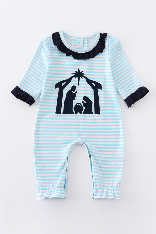 Blue Stripe Nativity Embroidery Girl Romper Honeydew