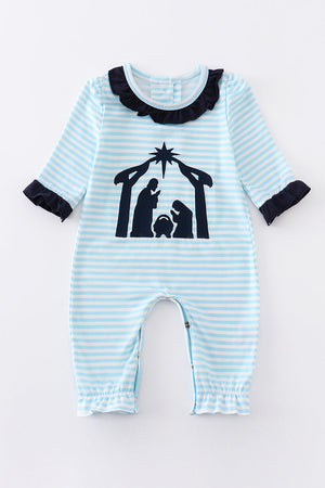 Blue Stripe Nativity Embroidery Girl Romper Honeydew