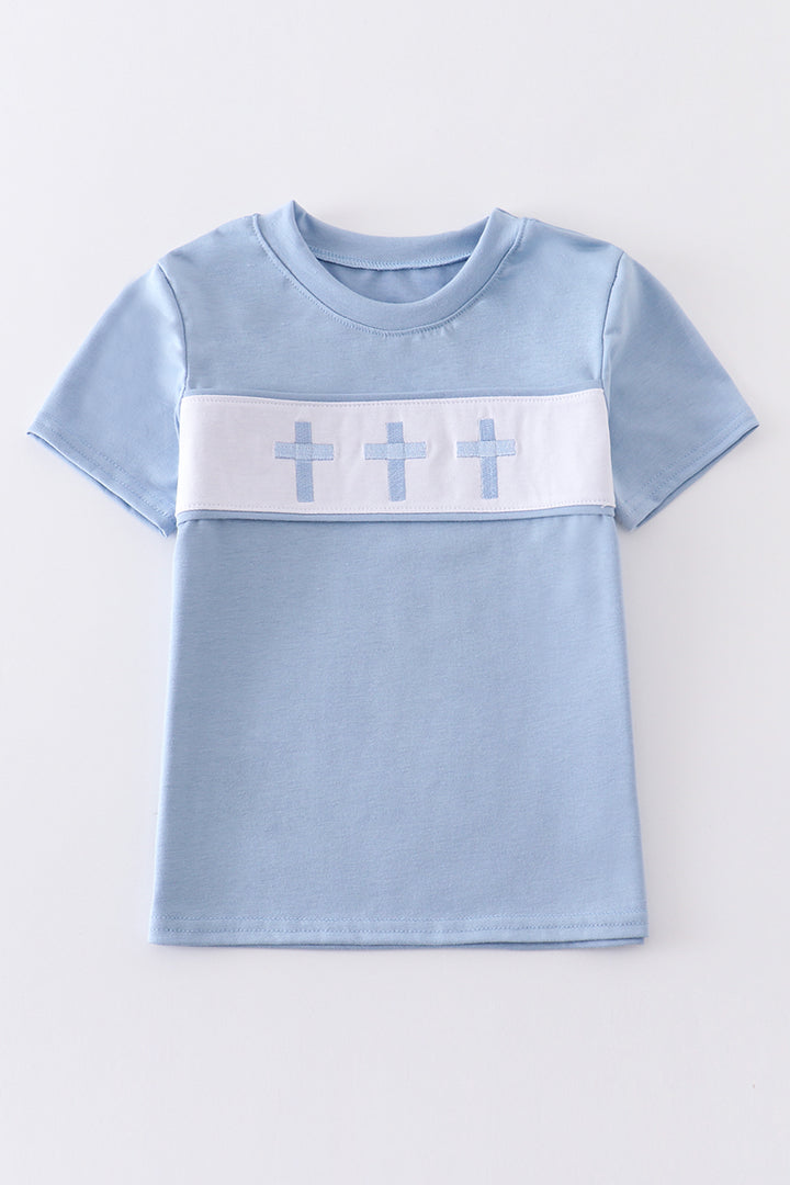 Blue Easter Cross Embroidery Shirt Honeydew