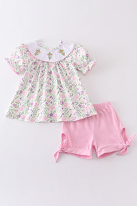 Pink Easter Floral Print Cross Embroidery Girl Set Honeydew