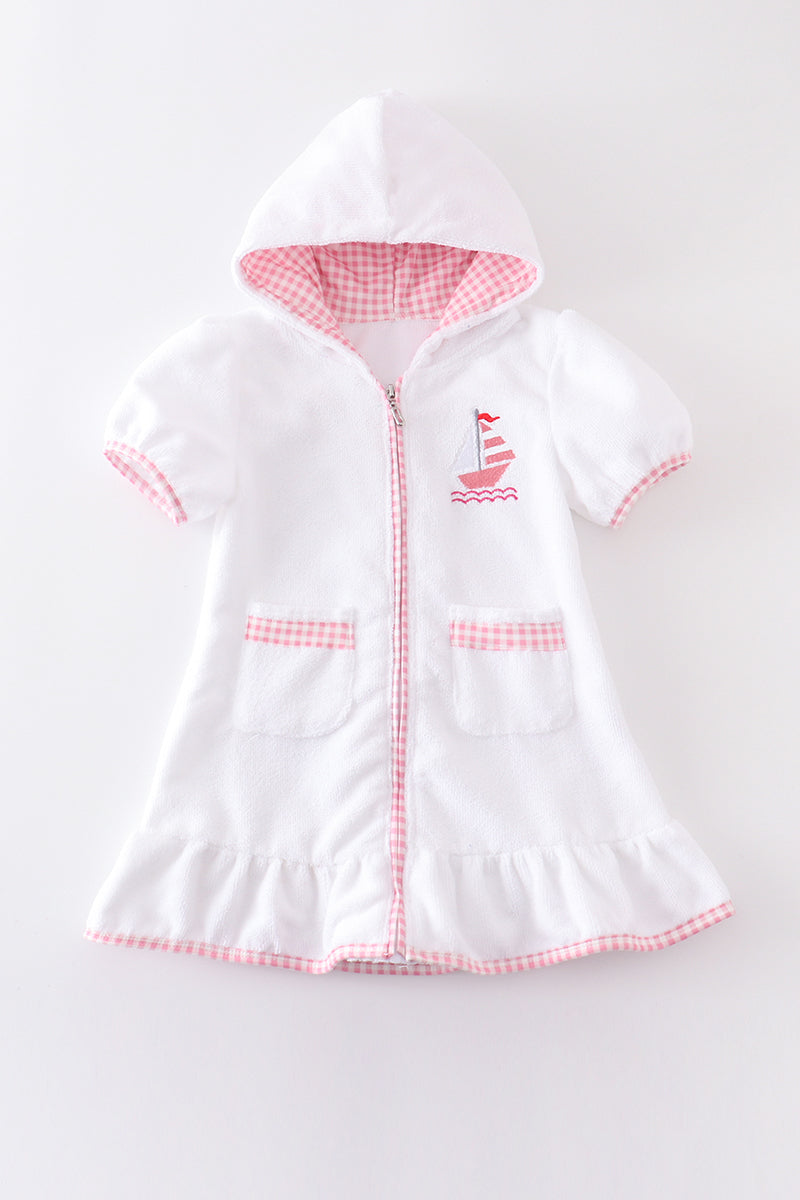 Pink Sailboat Embroidery Terry Girl Swim Coverup Honeydew