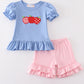 Blue Apple Applique Girl Set Honeydew