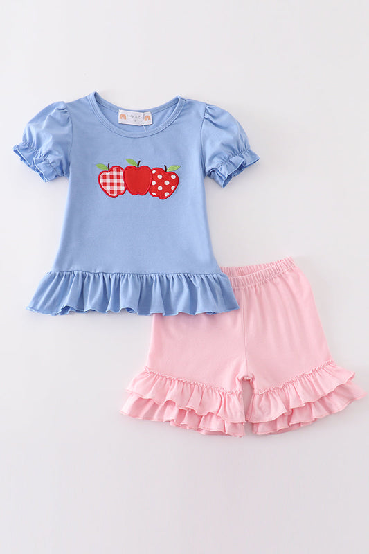 Blue Apple Applique Girl Set Honeydew