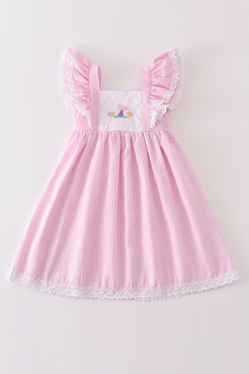 Pink Seersucker Mermaid Embroidery Ruffle Dress Honeydew