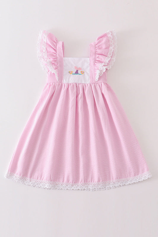 Pink Seersucker Mermaid Embroidery Ruffle Dress Honeydew