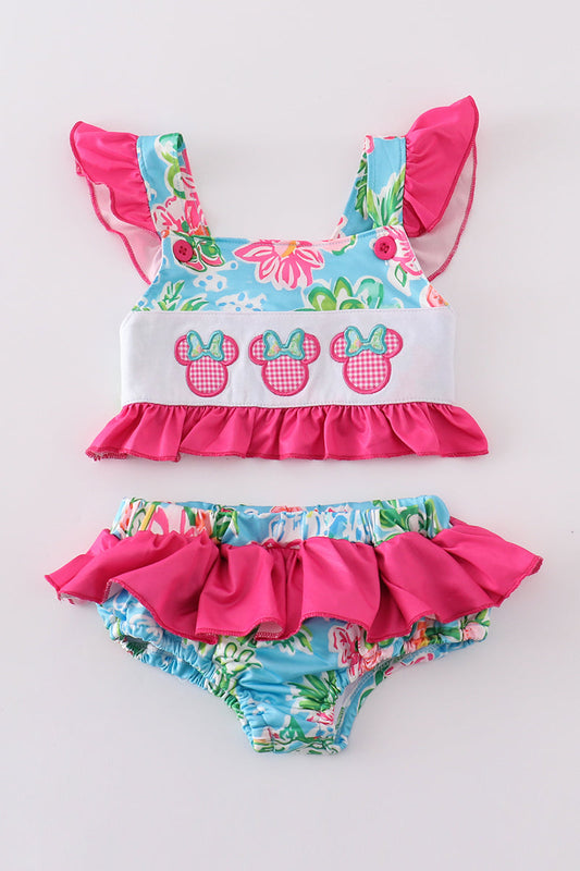Pink Floral Character Applique 2 Pc Girl Swimsuit Honeydew