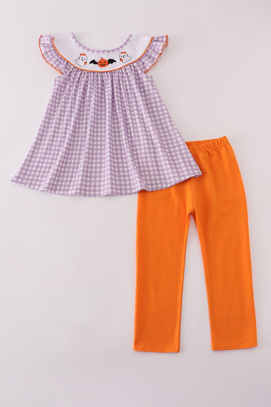 Purple Pumpkin Ghost Embroidery Pants Set Honeydew