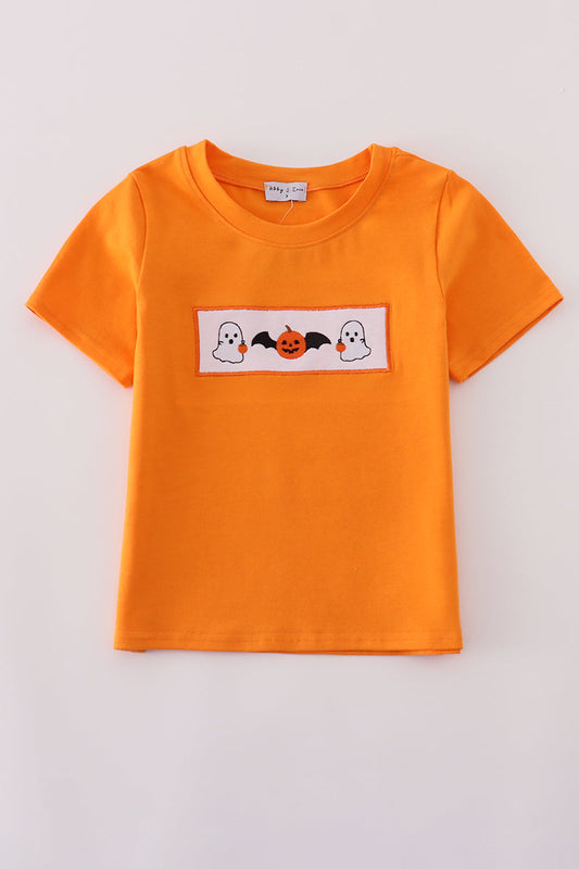 Orange Halloween Pumpkin Ghost Embroidery Boy Top Honeydew