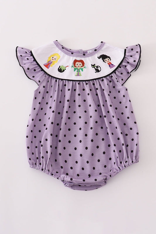Purple Halloween Dot HP Witch Embroidery Romper Honeydew