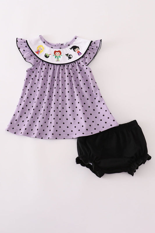 Purple Halloween Dot HP Witch Embroidery Girl Bloomer Set Honeydew