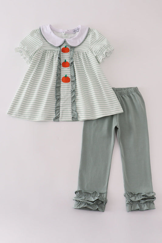 Sage Stripe French Knot Pumpkin Ruffle Pants Honeydew