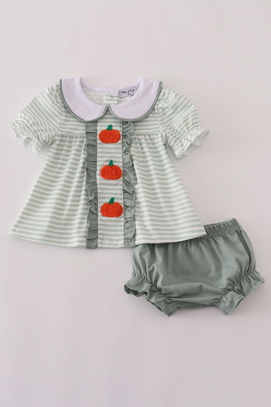 Sage Stripe French Knot Pumpkin Ruffle Girl Bloomers Set Honeydew