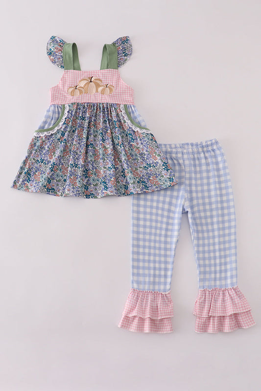 Blue Floral Patchwork Pumpkin Embroidery Ruffle Pants Honeydew