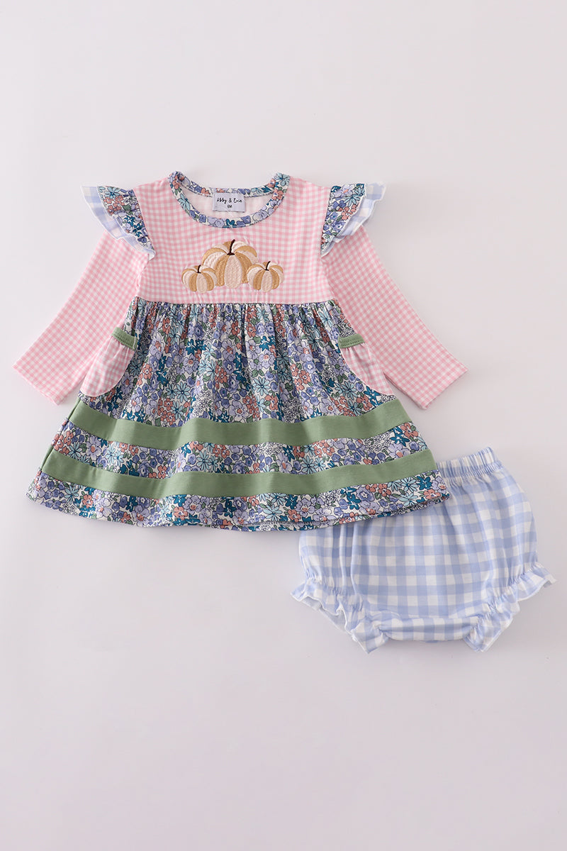 Blue Floral Patchwork Pumpkin Embroidery Bloomer Set Honeydew