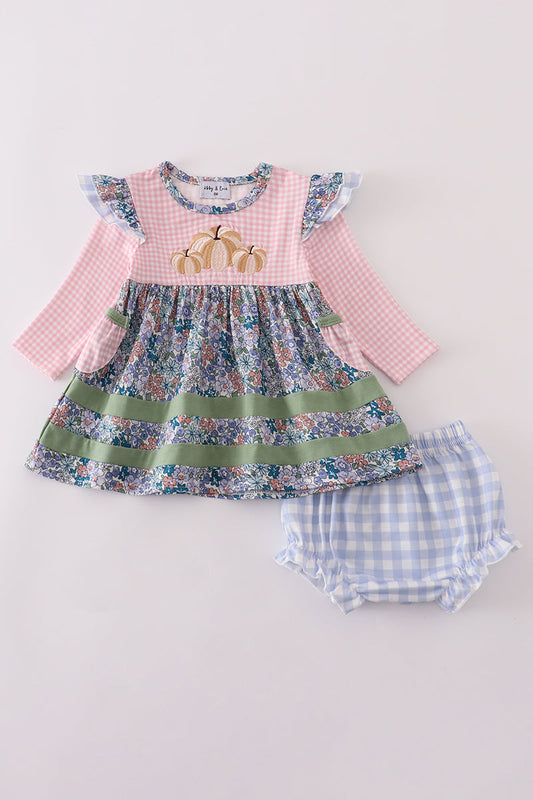 Blue Floral Patchwork Pumpkin Embroidery Bloomer Set Honeydew