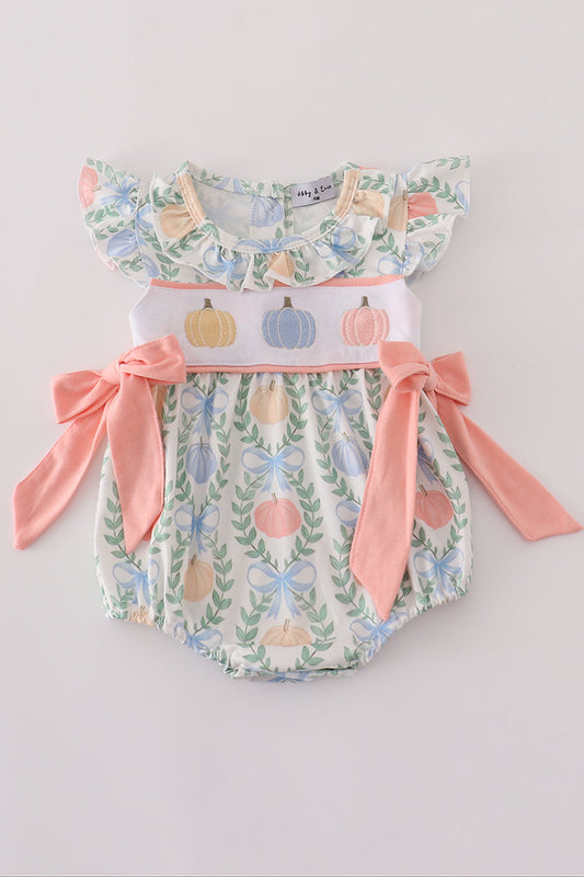 Coral Three Pumpkin Embroidery Girl Bow Romper Honeydew