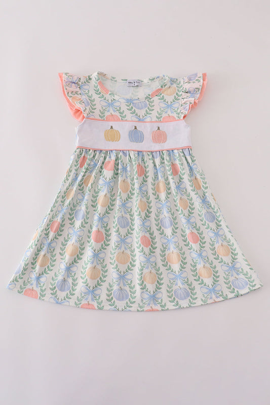 Coral Three Pumpkin Embroidery Ruffle Girl Dress Honeydew