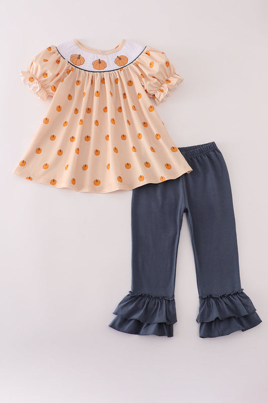 Khaki Pumpkin Embroidered Smocked Ruffle Girl Pants Honeydew