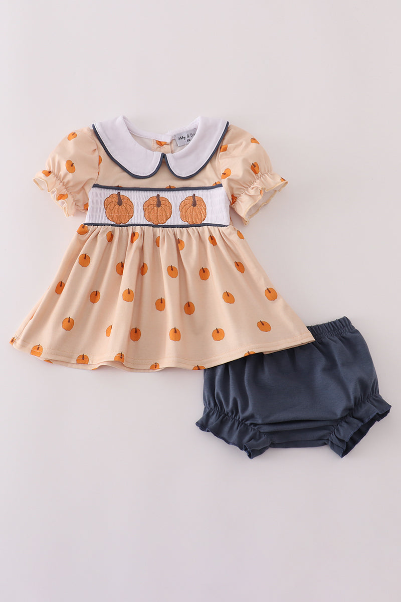 Khaki Pumpkin Smocked Embroidered Smocked Bloomers Set Honeydew