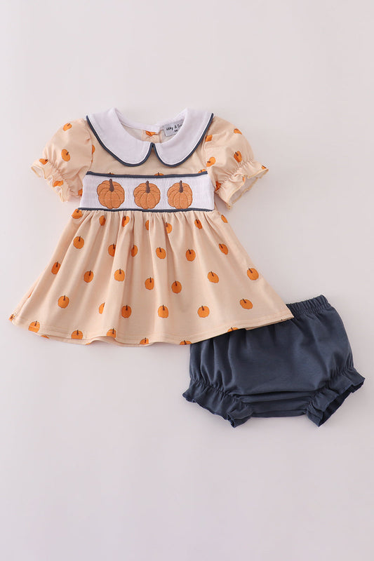 Khaki Pumpkin Smocked Embroidered Smocked Bloomers Set Honeydew