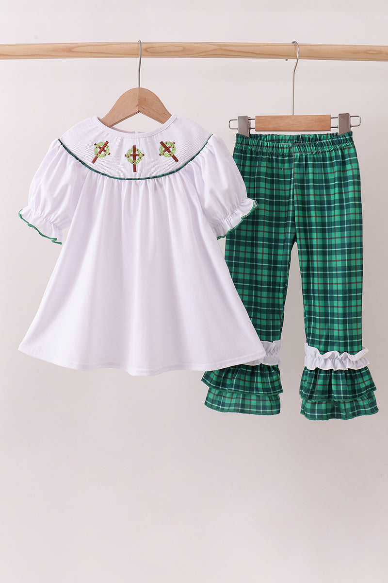 White Wreath Smocked Ruffle Pants Set Honeydew