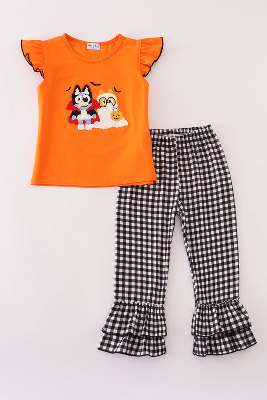 Orange Blue Dog Halloween French Knot Girl 2 Pc Set Honeydew