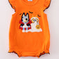 Orange Blue Dog Halloween French Knot Girl Romper Honeydew