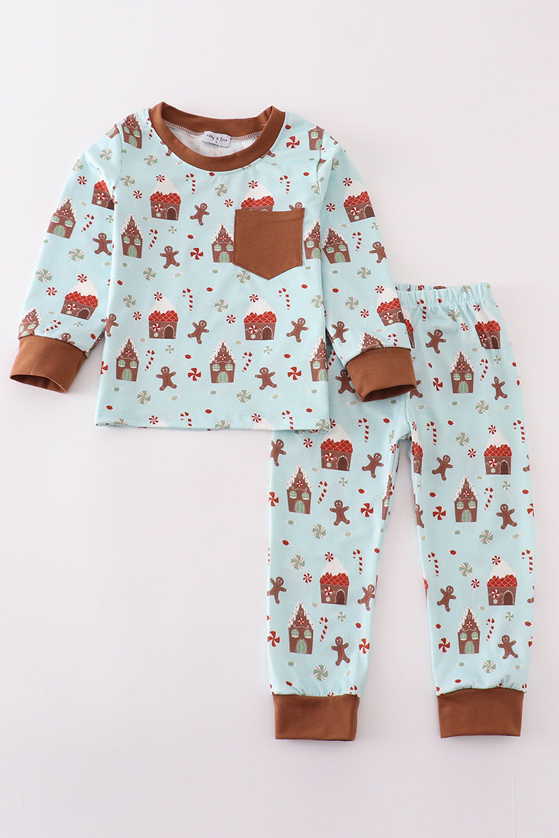 Blue Christmas Gingerbread Boy Pants Set Honeydew