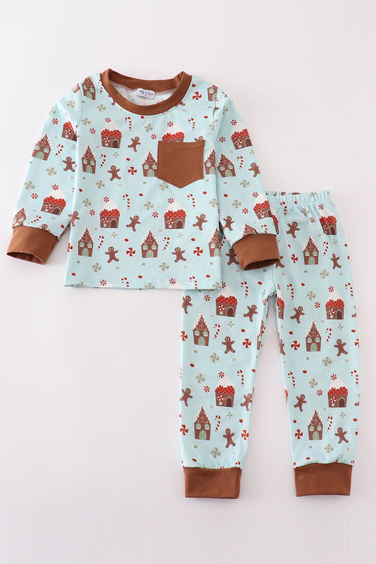 Blue Christmas Gingerbread Boy Pants Set Honeydew