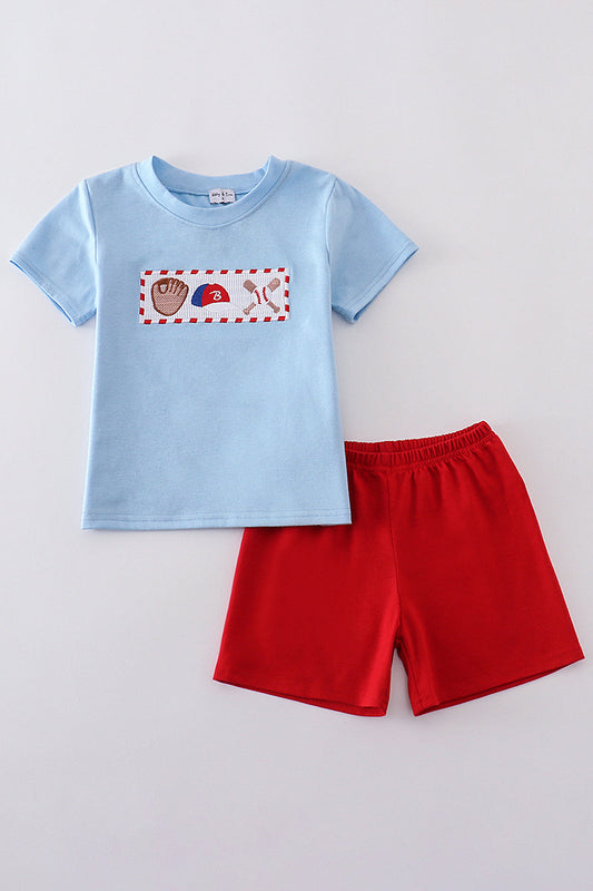 Blue Baseball Embroidery Smocked Boy Set Honeydew