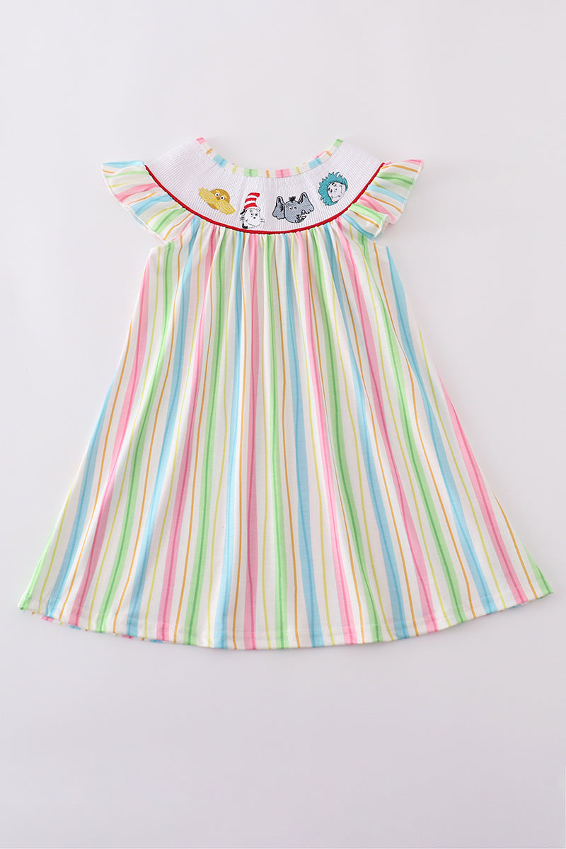 Stripes Dr S Embroidery Smocked Dress Honeydew