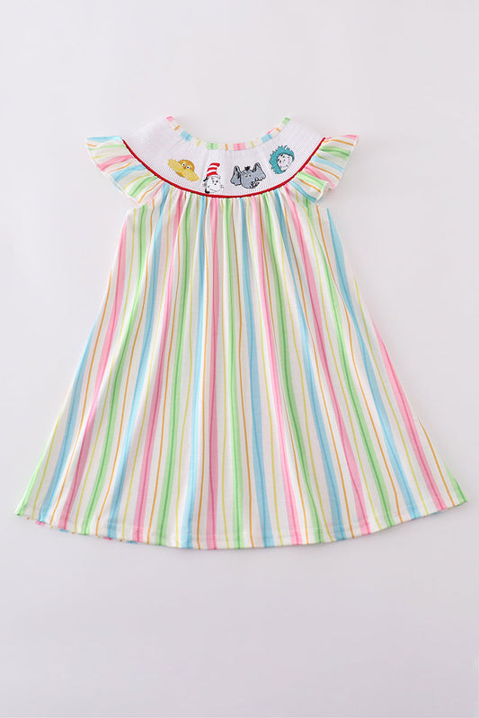 Stripes Dr S Embroidery Smocked Dress Honeydew