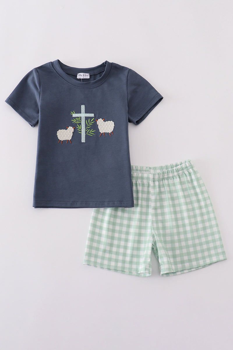 Navy Sheep Cross Embroidery Boy Set Honeydew