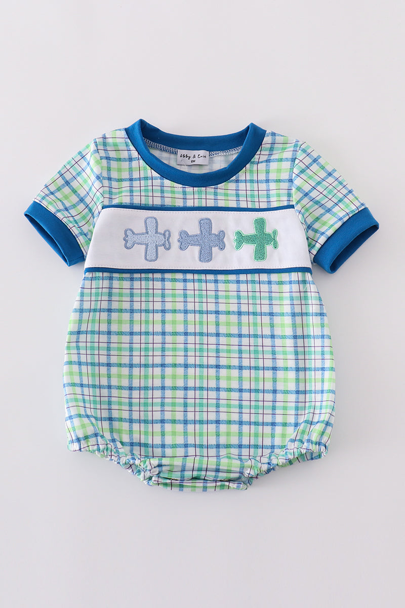 Blue Plaid Airplane Embroidery Boy Bubble Honeydew