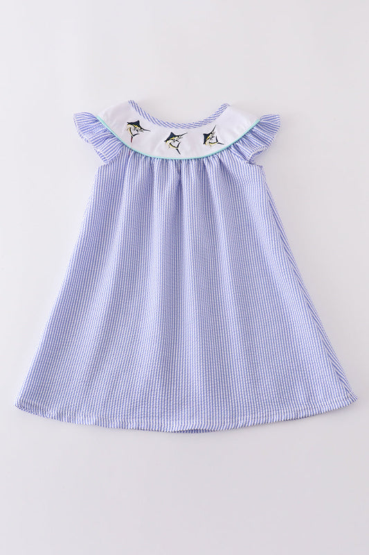 Blue Stripe Seersucker Embroidery Dress Honeydew
