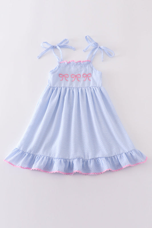 Bow Striped Seersucker Bow Embroidery Girl Dress Honeydew