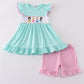 Blue Mint Princess Embroidery Smocked  Gingham Short Set Honeydew