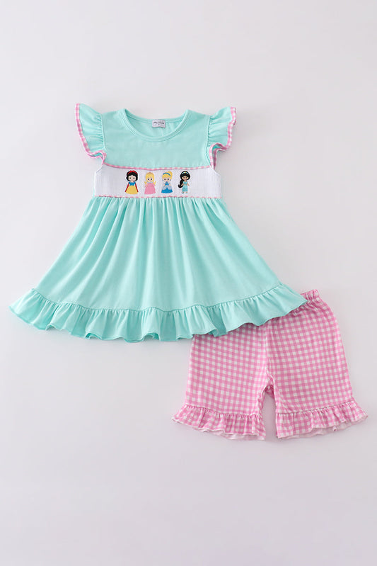 Blue Mint Princess Embroidery Smocked  Gingham Short Set Honeydew