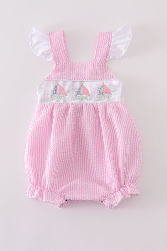 Pink Seersucker Sailboat Embroidery Girl Romper Honeydew