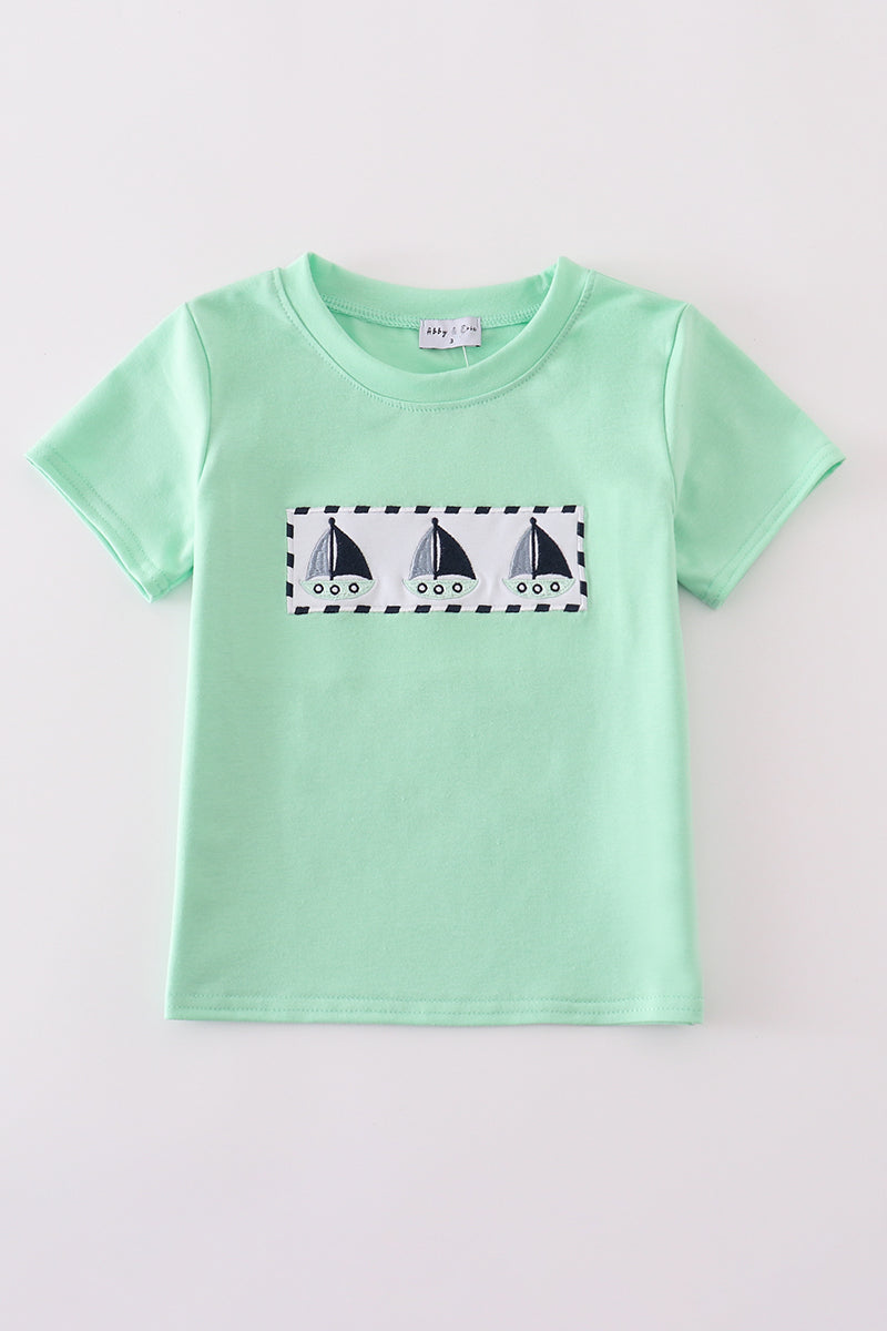 Green Sailboat Embroidery Shirt Honeydew