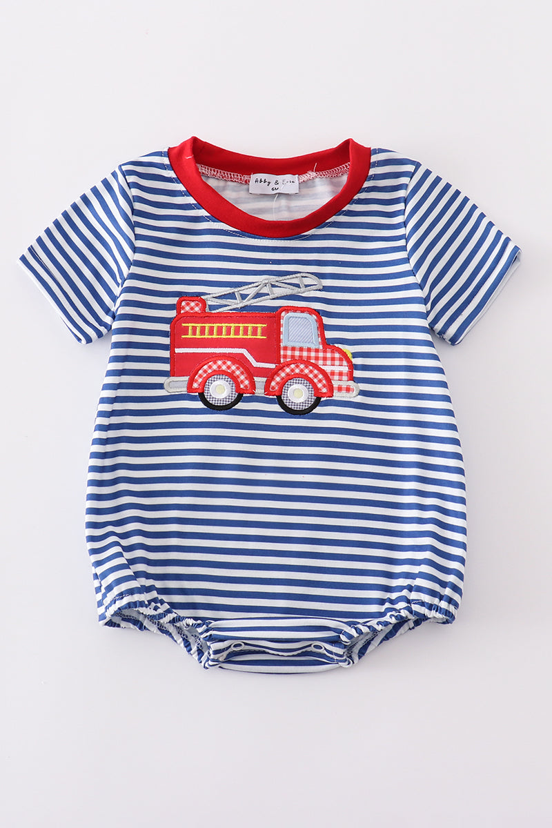Blue Stripe Firetruck Applique Boy Bubble Honeydew