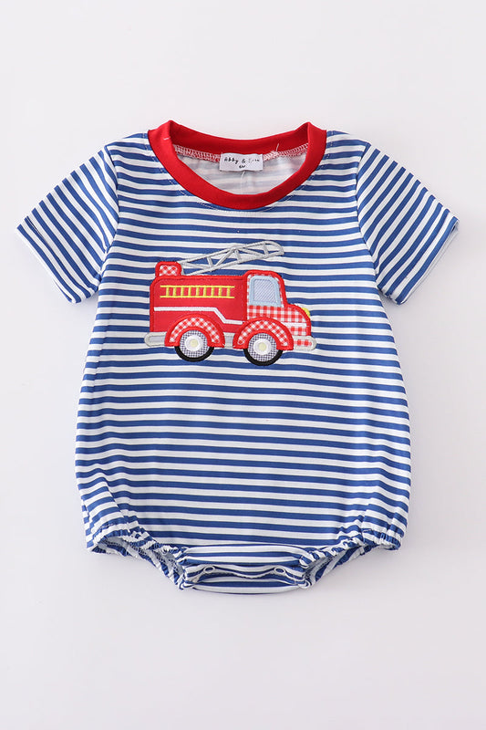 Blue Stripe Firetruck Applique Boy Bubble Honeydew